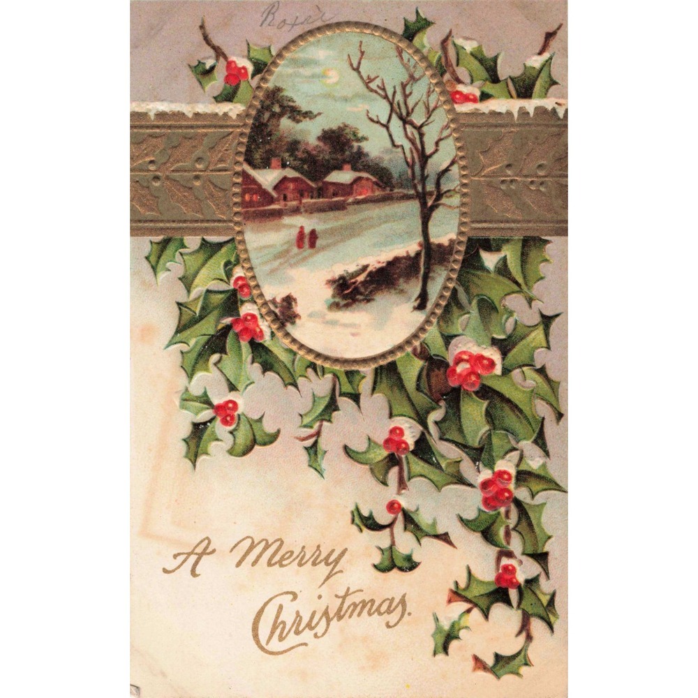 Vintage Embossed Christmas Postcard Holly Berries Winter Scene Germany No 902 - Picture 1 of 2